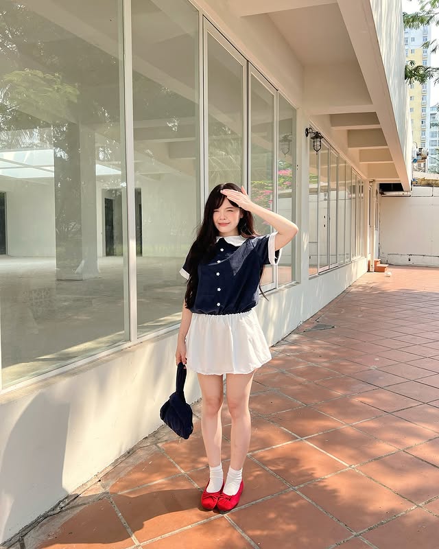  Set babydoll nhung tăm xanh đậm phối trắng 