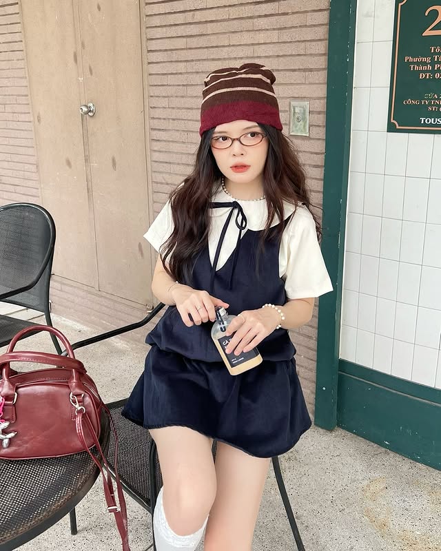  Set babydoll xanh nhung + áo kem nơ 