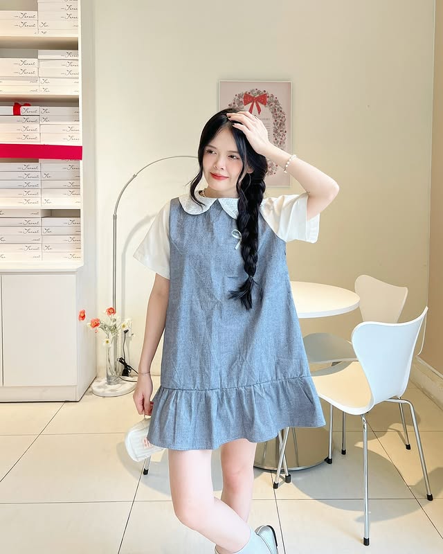 Đầm babydoll xám xanh phối kem