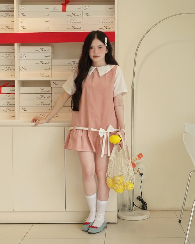  Babydoll hồng nhung tăm ruốt nhạt phối trắng 