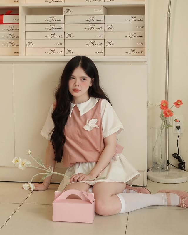  Set babydoll hồng nhung tăm phối trắng 