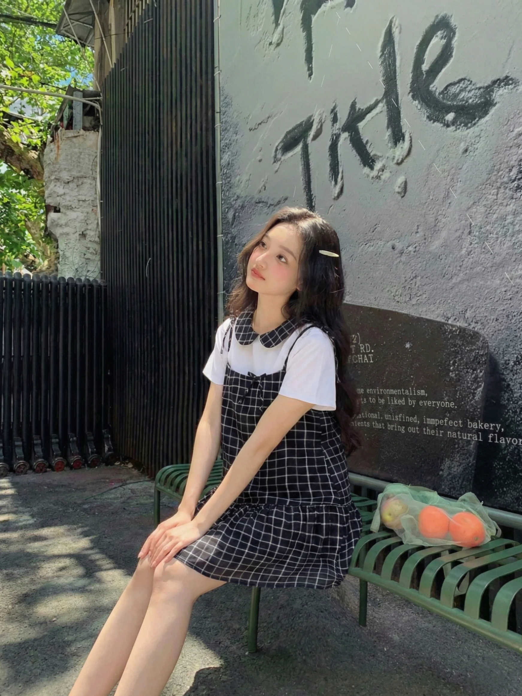 Set babydoll áo trắng cổ caro đen + yếm caro đen 